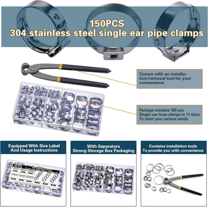AskWay Store Single Ear Hose Clamp 6-28Mm 150 Pcs 10 Sizes, 304 Stainless Steel Stepless Hose Clamp, Suitable For Pex Pipe Connection, Automotive, Pipeline, Garden And Industrial Use - Image 2